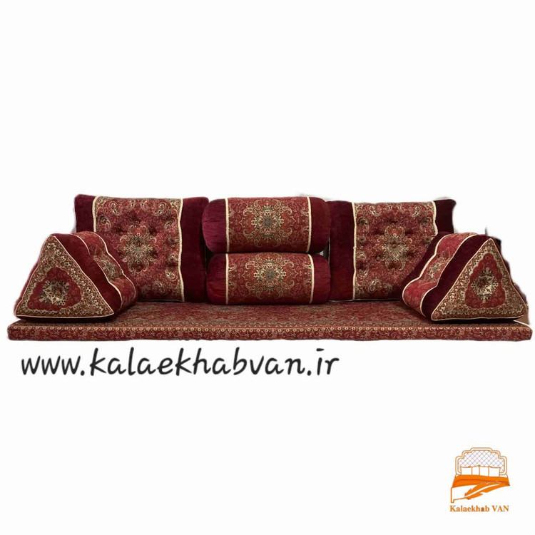 پشتی سنتی شاه نشین ترمه طرح نسترن کنار مخمل - ست 7 تکه زرشکی