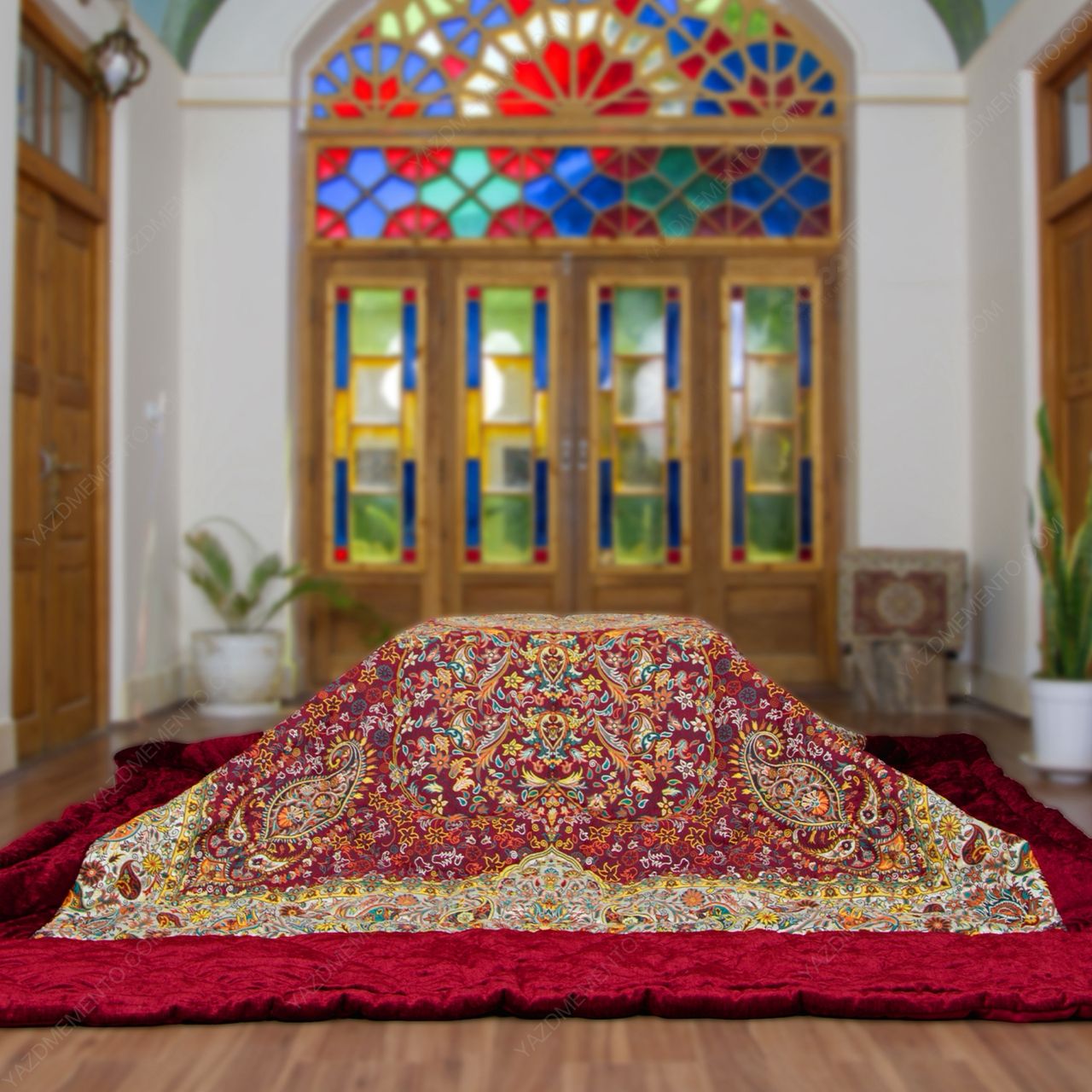 لحاف کرسی زرشکی طرح افشار کناره مخمل کدsd77563